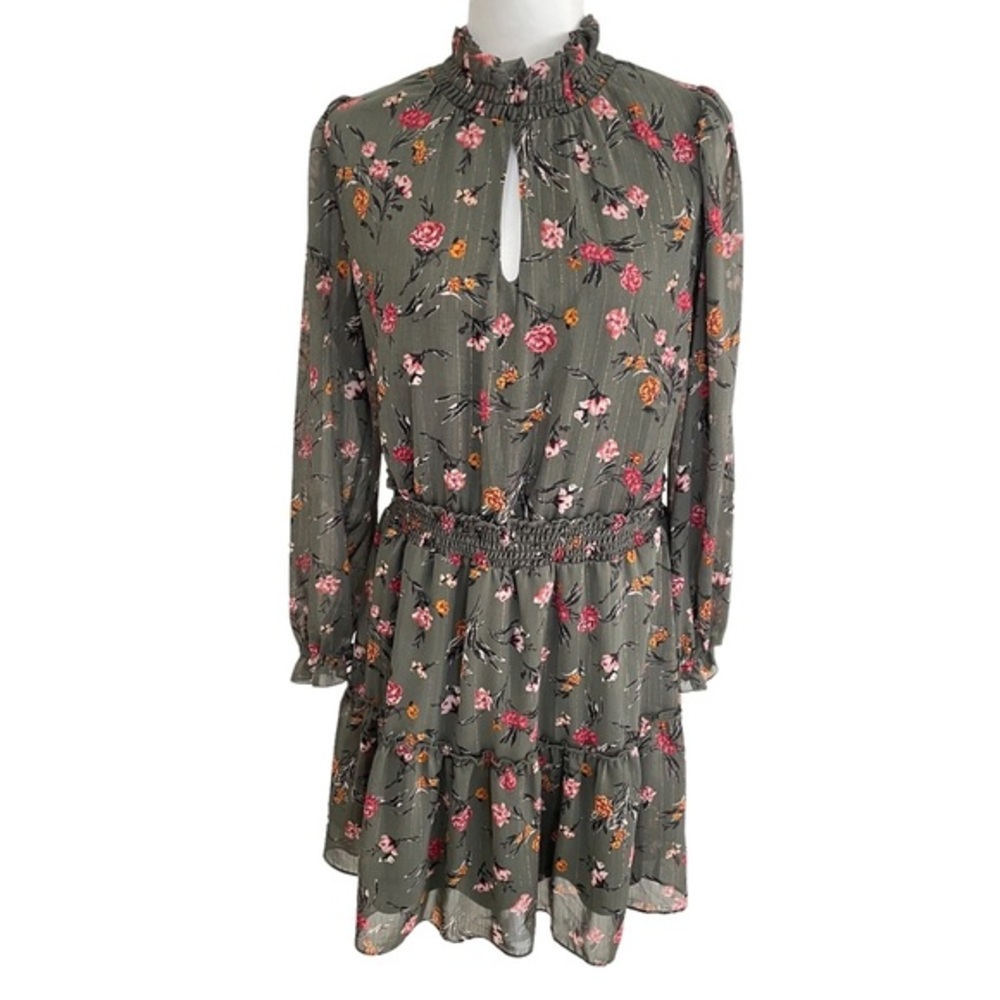 Drew Green Floral Mockneck Ruffle Hem Mini Dress Size Medium